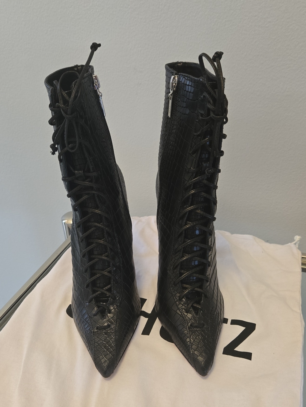 SCHUTZ Black Croc Lace-Up Pointed Ankle Boots